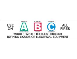 USE ON ALL FIRES A:ORDINARY COMBUSTIBLES B: FLAMMABLE LIQUIDS C: ELECTRICAL EQUIPMENT… Labels, 1.5" H x 6" W x 0.004" D, Blue/Green/Red on White