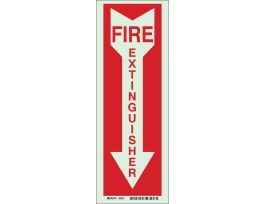 Fire Extinguisher Sign, 14" H x 5" W x 0.008" D, Red on Glow, Polyester