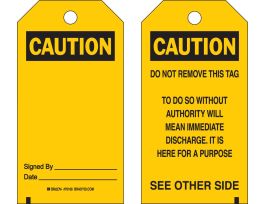 Safety Tag CAUTION Heavy Duty Polyester 5.75 x 3  Black on Yellow 25/PK