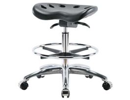 Sit-Stand Stool, Polyurethane, Bench Height, Black, Chrome Casters, Chrome Foot Ring
