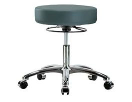 Ergonomic Stool, Vinyl, Desk Height, Blue, Chrome Casters