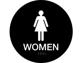 Women Sign, 12" Dia, Plastic, White on Black