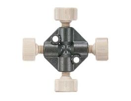 Low-Pressure Cross Assembly, Natural PEEK, 0.050" Bore, 1/8" OD Tubing, 1/4-28 Flat Bottom; 1/EA