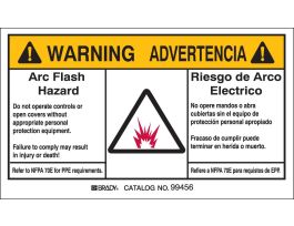 Arc Flash Labels, Arc Flash Hazard - Self-Sticking Polyester, English/Spanish Bilingual, Pack of 5 Labels, Black/Orange on White