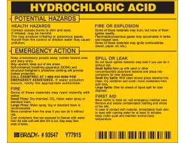 HYDROCHLORIC ACID Labels, 3.5" H x 4.5" W x 0.005" D, Black on Yellow