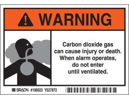 WARNING Carbon Dioxide Gas Can Cause Injury Or Death. When Alarm Operates, Do Not Enter Until Ventilated. Sign, 3.5" H x 5" W x 0.006" D