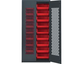 CABINET W/RED BINS STEEL MESH 36X18X78IN