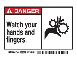 DANGER Watch Your Hands And Fingers. Labels, 3.5" H x 5" W x 0.006" D, Black/Red on White
