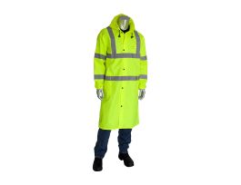 Class 3 Rain Coat 48in., PU Ctd, Zipper, Hood, 2in. Tape