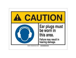 CAUTION Ear Plugs Must Be Worn In This Area. Failure May Result In Hearing Damage. Sign, 7" H x 10" W x 0.006" D, Polyester