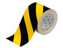 ToughStripe® Floor Marking Tape Roll -  Polyester, Diagonal Stripes, Black on Yellow, 4" x 100'