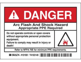 Arc Flash Labels, DANGER w/Pictogram - Self-Sticking Polyester, 3.5" H x 5" W x 0.006" D, Pack of 5 Labels, Black/Red on White