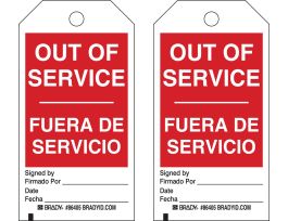 Bilingual Accident Prevention Tags OUT OF SERVICE 5.75" H x 3" W BK/RD/WH 100/PK
