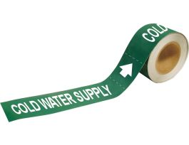 Self-Adhesive Pipe Marker: COLD WATER SUPPLY, 2" H x 12" W, Roll of 25 Each, Fits Pipes 2.5" Dia. Thru 6" Dia.