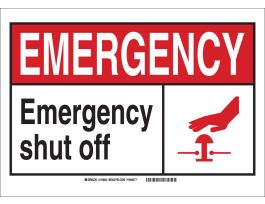 EMERGENCY w/Large Header Emergency Shut Off Sign, 5" H x 7" W x 0.004" D, Vinyl