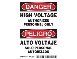 DANGER/PELIGRO HIGH VOLTAGE AUTHORIZED PERSONNEL ONLY/ALTO VOLTAJE Labels, 5" H x 3.5" W x 0.006" D, Black/Red on White