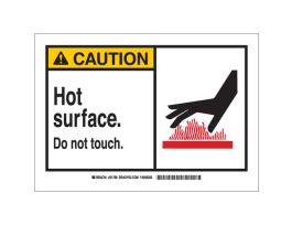 CAUTION Hot Surface. Do Not Touch. Sign, 3.5" H x 5" W x 0.006" D, Polyester, Black/Red/Yellow on White