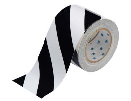 ToughStripe® Floor Marking Tape Roll -  Polyester, Diagonal Stripes, Black on White, 4" x 100'