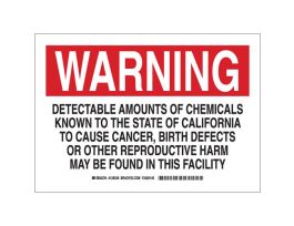 WARNING Detectable Amounts Of Chemicals Known To The State Of California To Cause Cancer Sign, 7" H x 10" W, Polystyrene, Black/Red on White