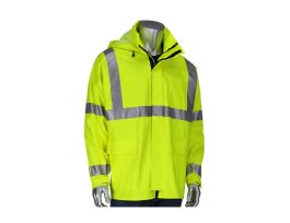 Arc Rated Rain Jacket, PU/Cotton, ANSI Class 3, D-ring, Zip Close, Vent Back, FR Refl. Tape, LY