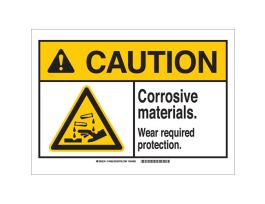 CAUTION Corrosive Materials. Wear Required Protection. Sign, 10" H x 14" W x 0.006" D, Polyester