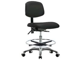Cleanroom  Ergonomic Chair, Vinyl, Bench Height, Black, No Arms, Gliders, Chrome Foot Ring