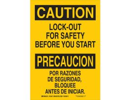 Bilingual CAUTION Lock-Out For Safety Before You Start Sign, 14" H x 10" W x 0.06" D, Polystyrene