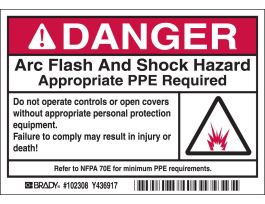 Arc Flash Labels, DANGER w/Pictogram - Self-Sticking Polyester, 3.5" H x 5" W x 0.006" D, Black/Red on White