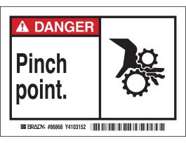 DANGER PINCH POINT. Labels, 3.5" H x 5" W x 0.006" D, Black/Red on White