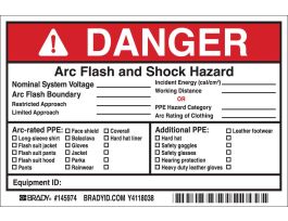 Arc Flash Labels, DANGER Arc Flash And Shock Hazard, Adhesive Vinyl, 4" H x 6" W x 0.004" D, Pack of 5 Labels, Black/Red on White