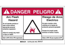 Arc Flash Labels, Arc Flash Hazard - Self-Sticking Polyester, English/Spanish Bilingual, Pack of 5 Labels, Black/Red on White