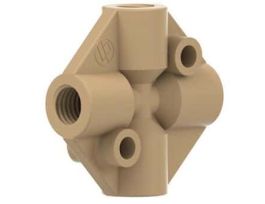 Low-Pressure Cross Body, Natural PEEK, 0.020" Bore, 1/16" OD Tubing, 1/4-28 Flat Bottom; 1/EA