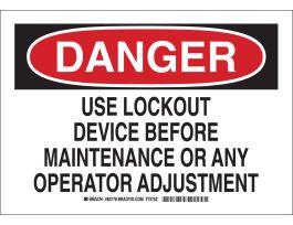 DANGER Use Lockout Device Before Maintenance Or Any Operator Adjustment Sign, 7" H x 10" W x 0.006" D, Polyester