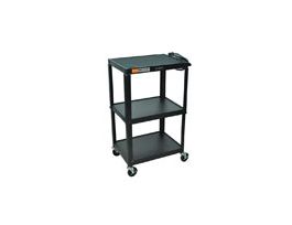 Adjustable Steel AV Utility Cart, Three Shelves, Black; 42" H