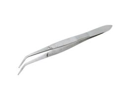 Stainless Steel Tweezers, w/ Pin, Bent Tips, Serrated, 101mm