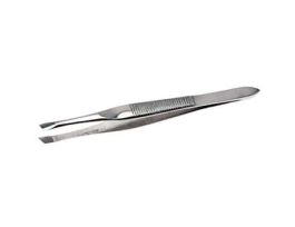 Stainless Steel Tweezers, Mini, Blunt Angled Flat Tips, Serrated, 80mm
