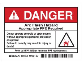 Arc Flash Labels, DANGER w/Pictogram- Self-Sticking Polyester, 3.5" H x 5" W x 0.006" D, Pack of 5 Labels, Black/Red on White