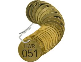Stamped Brass Valve Tags, 1-1/2" Dia, HOT WATER RETURN (HWR), 051-075, 1/4"