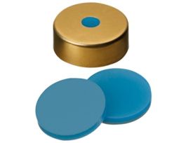 Gold Aluminum/Stainless Steel Magnetic Crimp Cap, 20 mm Dia., UltraClean Silicone/PTFE Septum  w/5 mm Hole; 1000/pk