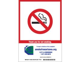 Arizona State Thank You For Not Smoking Sign, 10" H x 7" W x 0.06" D, Polystyrene