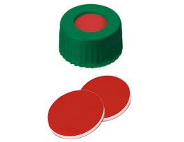 Short Thread Cap, 9mm, Open Green Polypropylene, Red PTFE/Silicone/PTFE Septa; 1000/pk