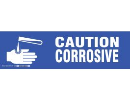 CAUTION CORROSIVE Label, White on Blue, 7" H x 24" W x 0.006" D