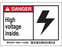 DANGER HIGH VOLTAGE INSIDE. Labels, 3.5" H x 5" W x 0.006" D, Black/Red on White