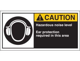 HAZARDOUS NOISE LEVEL EAR PROTECTION REQUIRED IN THIS AREA Labels, 2.5" H x 5" W x 0.006" D, Black/Yellow on White