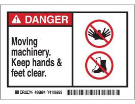 DANGER Moving machinery. Keep hands & feet clear. Labels, 3.5" H x 5" W x 0.006" D, Black/Red on White
