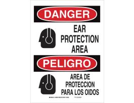 Bilingual DANGER Ear Protection Area Sign, 14" H x 10" W x 0.035" D, Aluminum