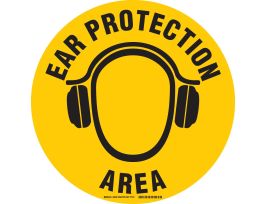 Anti Skid Floor Sign: Vinyl, Black On Yellow, Ear Protection Area w/Headphones Pictogram, 17" Dia x 0.012" D, Vinyl