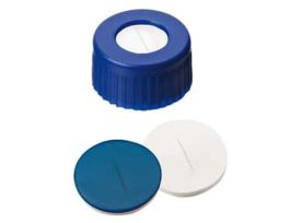 Short Thread Cap, 9mm, Open Blue Polypropylene, Pre-Slit Silicone/Blue PTFE Septa; 1000/pk