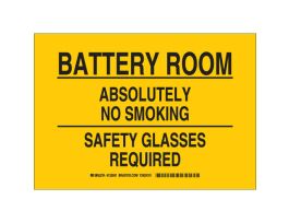 Battery Room Absolutely No Smoking Safety Glasses Required Sign, 7" H x 10" W x 0.06" D, Polystyrene