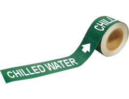 Self-Adhesive Pipe Marker: CHILLED WATER, 1" H x 8" W, Roll of 25 Each, Fits Pipes 1.5" Dia. Thru 2" Dia.